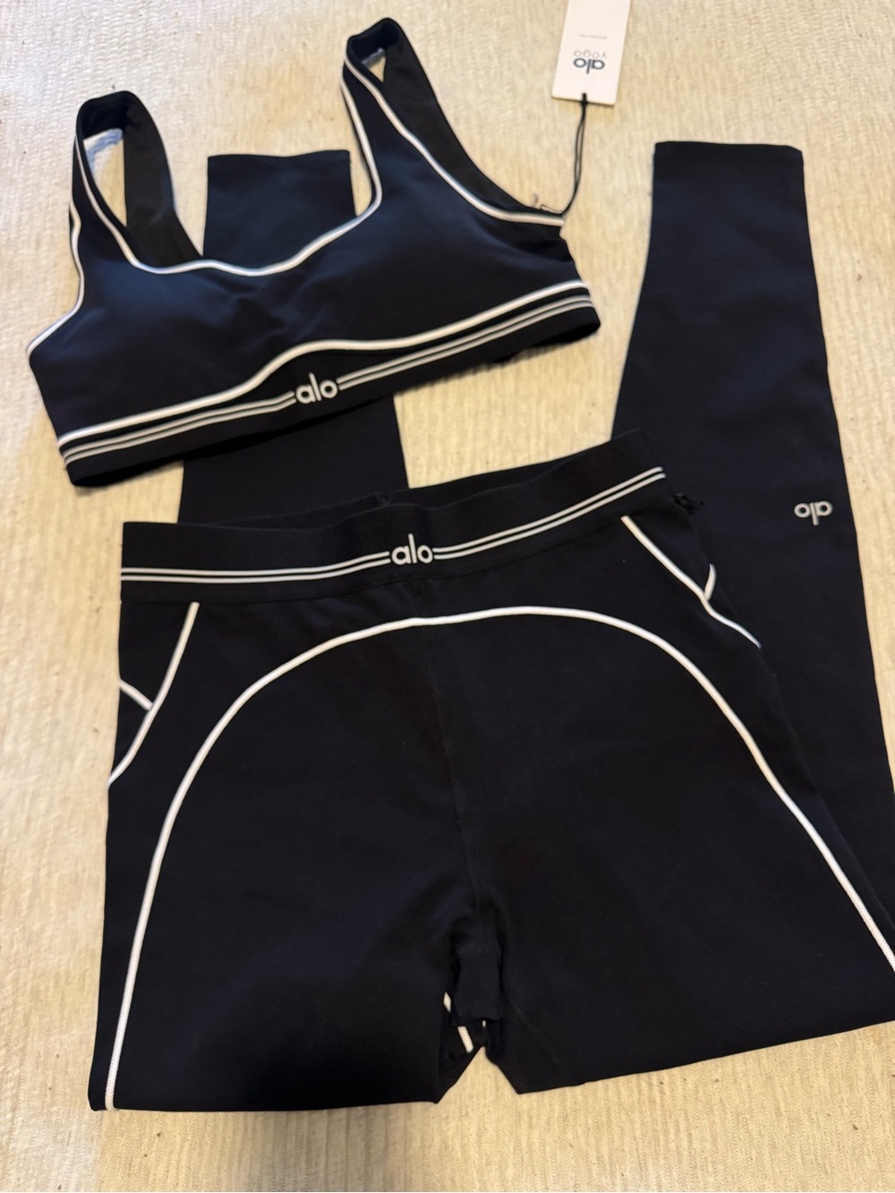 ALO Yoga Black Leggings and Sports Bra Set with White Piping